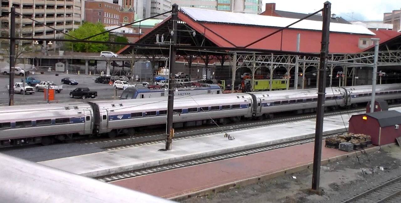 Amtrak Harrisburg PA Station exterior and train platform.