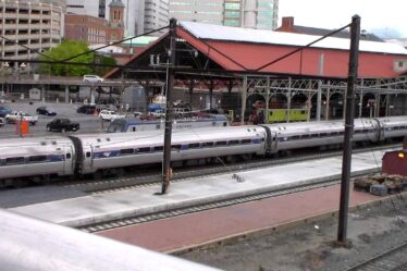 Amtrak Harrisburg PA Station exterior and train platform.
