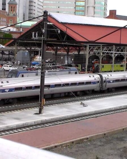 Amtrak Harrisburg PA Station exterior and train platform.