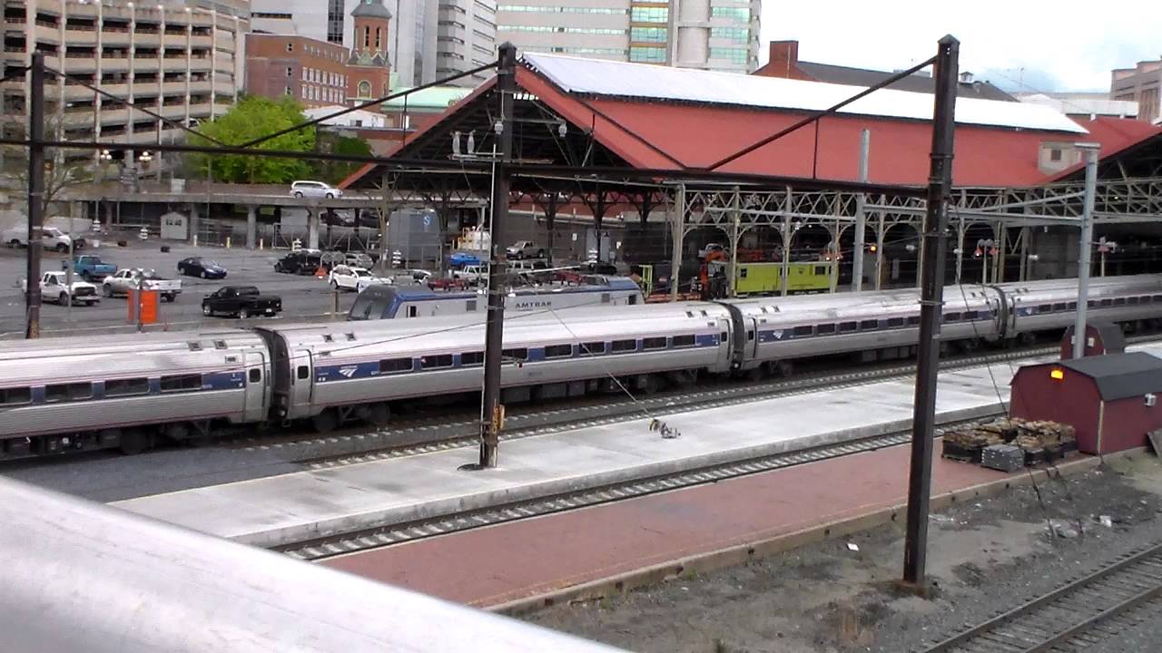 Amtrak Harrisburg PA Station exterior and train platform.